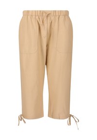 Beige cropped-housut, joissa on joustava vyötärö ja säädettävä naru. Varustettu kahdella etutaskulla ja siteillä helmassa. Silkkinen tekstuuri.