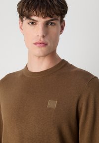 Bruine gebreide trui met een geribbelde halslijn en een klein ton-sur-ton logo op de borst. De stof lijkt zacht met een gladde textuur.