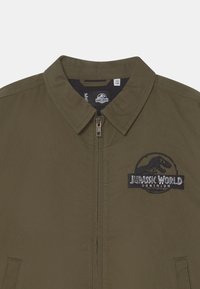 Casaco verde-oliva com fecho de correr, gola levantada e logótipo do Jurassic World bordado no peito. Textura de tecido suave e durável.