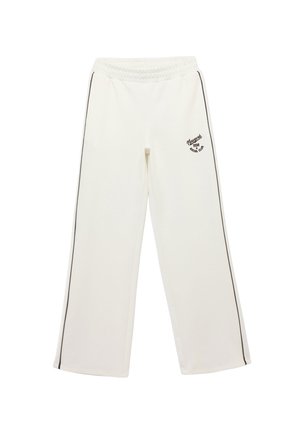 Pantalones de chándal blancos con una textura suave, que cuentan con una cintura elástica ajustada, rayas laterales y un detalle de logotipo bordado en el muslo izquierdo.