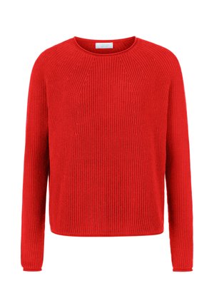 Roter gestrickter Pullover mit Rundhalsausschnitt, langen Ärmeln und einem ribbeligen Muster. Hat einen lockeren Schnitt und dezente Nähte an den Schultern.