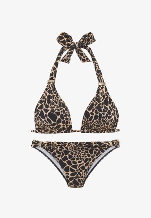 Tan bikini set with black animal print; triangle top with a bow tie at the neck; matching low-rise bottoms; gold hardware accents.