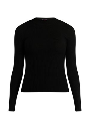 Fekete, bordázott, hosszú ujjú felső, texturált anyagból készült, magas nyakkivágással és testhezálló fazonnal. Sokoldalú stílushoz alkalmas.