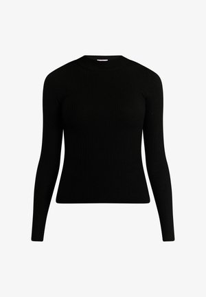 Černý žebrový top s dlouhým rukávem vyrobený z texturované tkaniny, s vysokým výstřihem a těsným střihem. Vhodný pro různorodé stylingové kombinace.