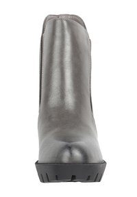 Szary skórzany botek za kostkę o gładkim wykończeniu, zaokrąglonym nosku i czarnej, teksturowanej podeszwie. Charakteryzuje się wsuwanym fasonem z minimalną ilością szwów.