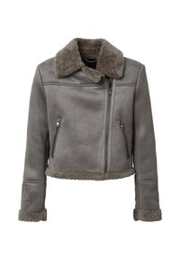 Giacca in finta pelle grigia con colletto e polsini pelosi, caratterizzata da un design corto, tasche frontali con cerniera e una finitura testurizzata.