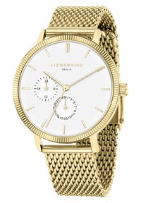 Goldfarbene Uhr mit einem Netzband, weißem Zifferblatt, zwei Hilfsziffernblättern und strukturiertem Gehäuse. Verfügt über Stunden- und Minutenmarker, elegantes minimalistisches Design.