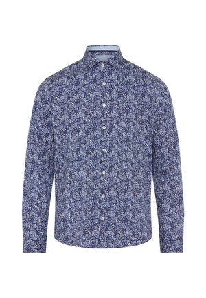 Mannen overhemd met lange mouwen, knopen en een blauw-wit bloemenpatroon, met een klassieke kraag op een witte achtergrond.