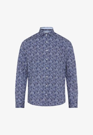 Herren-Langarmhemd mit Knopfleiste, blau-weißem Blumenmuster und klassischem Kragen auf weißem Hintergrund.