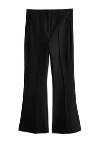 Black wide-leg pants made of smooth fabric, featuring front pleats and side zip pockets, with a tailored fit and clean cut edges.