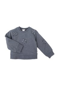 Sudadera gris de mezcla de algodón, con aplicaciones de flores texturizadas en el frente y en una manga. Cuello redondo y dobladillo acanalado.