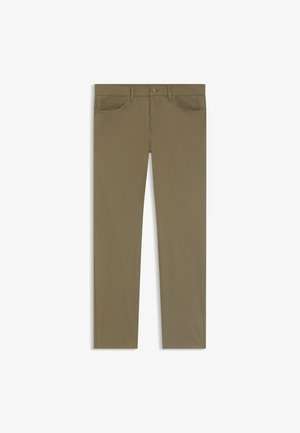 Khakifarbene Baumwollhose mit geradem Beinanschnitt, ausgestattet mit einem Knopfverschluss, fünf Taschen und dezenten Steppdetails. Glatte Textur.