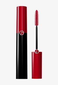 Roter und schwarzer Mascara-Tube mit glanzfinish, ausgestattet mit einer Spiralbürste mit feinen Borsten. Logo auf beiden Komponenten angezeigt.