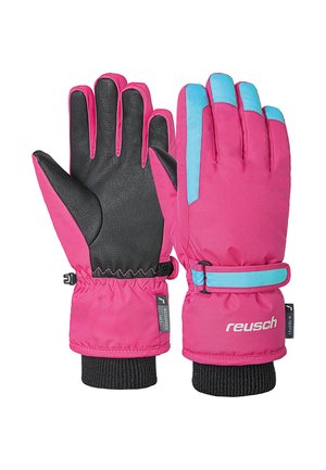 Bunte rosa Handschuhe mit schwarzen Handflächen, die über ein wasserdichtes Design, Türkis-Akzente, verstellbare Handgelenksriemen und gerippte Bündchen verfügen.