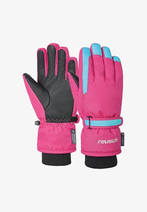 Guanti rosa colorati con palmi neri, dotati di un design impermeabile, accenti turchesi, cinturini regolabili e polsini a coste.