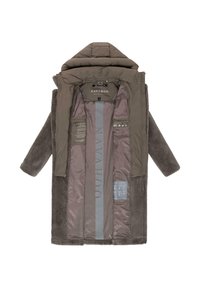 Tissu extérieur en peluche marron avec une doublure intérieure lisse olive. Comprend une capuche, une fermeture à glissière et plusieurs poches intérieures.