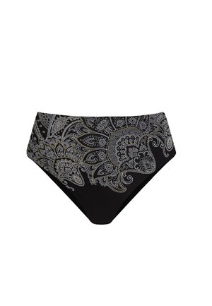 Czarne majtki od bikini z białymi i złotymi, misternymi kwiatowymi wzorami paisley z przodu oraz wysokimi wycięciami po bokach.