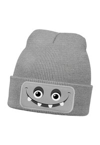 Gray knit beanie with folded cuff, featuring a smiling monster face illustration on a gray patch with black eyes and white teeth.