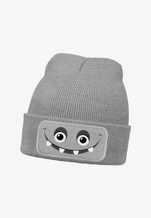 Gray knit beanie with folded cuff, featuring a smiling monster face illustration on a gray patch with black eyes and white teeth.