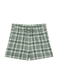 Pantalones cortos de cuadros verdes y blancos hechos de tela suave con una cintura elástica y cordón. Cuenta con bolsillos laterales y un diseño relajado.