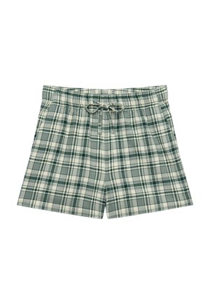 Pantalones cortos de cuadros verdes y blancos hechos de tela suave con una cintura elástica y cordón. Cuenta con bolsillos laterales y un diseño relajado.