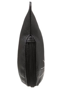 Black leather wallet featuring a zip closure, slightly curved shape, and textured surface with a minimalistic design.