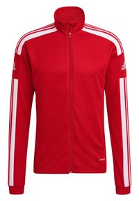 Rode zip-up jas van gladde stof, met witte racingstrepen op de mouwen, hoge kraag en elastische boorden.