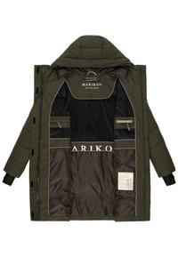 Olive green padded jacket with a hood, featuring multiple inner pockets, a black lining, and a logo label on the inside.