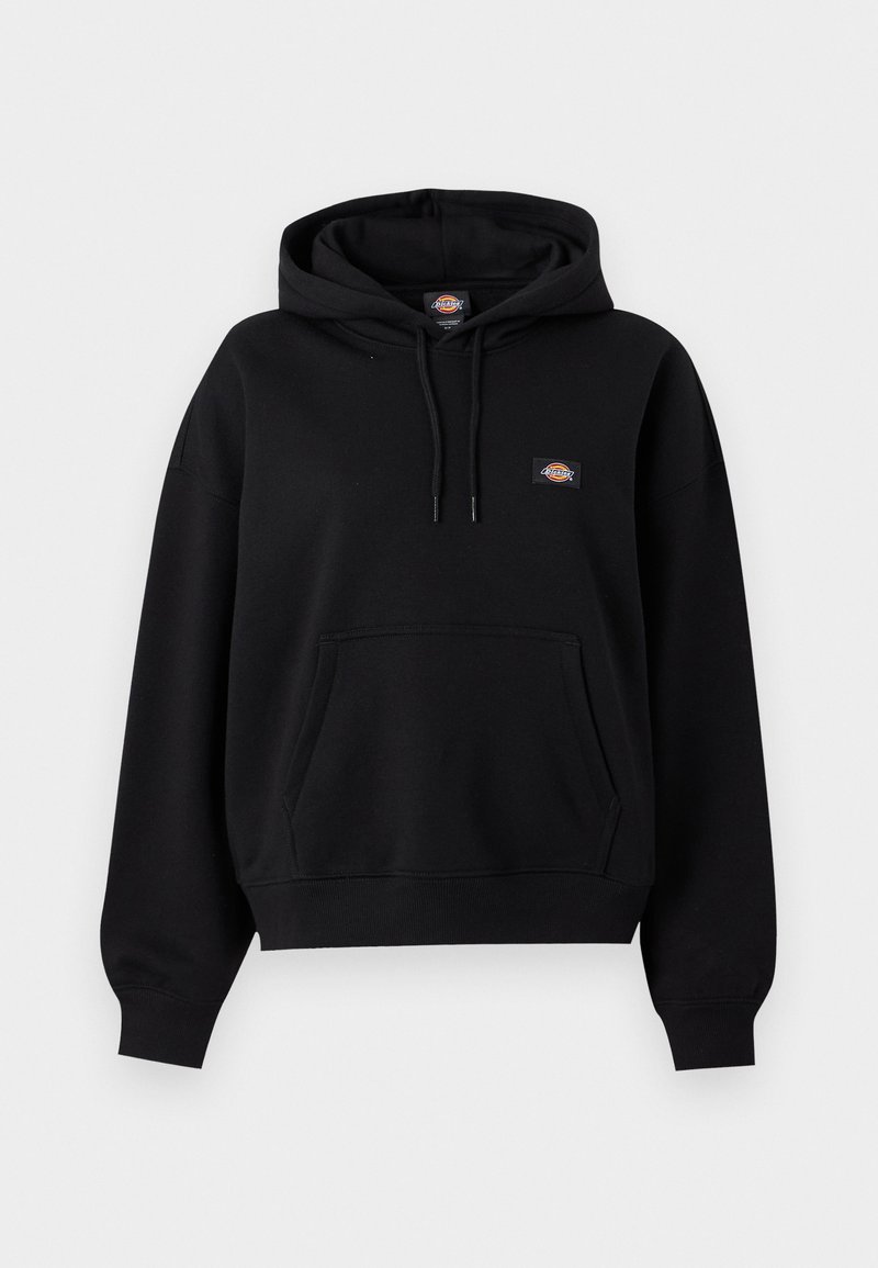 Black pullover hoodie with front pouch pocket, adjustable drawstring hood, ribbed cuffs and hem, and small multicolor logo patch on chest.