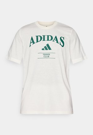 White cotton T-shirt with green "ADIDAS" text, featuring a rounded neckline and short sleeves. Includes "TENNIS CLUB" underneath the logo.