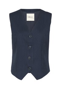 Sötétkék, csíkos mintájú mellény, v-nyakkivágással és öt fekete gombbal az elülső részen. Simább, texturált anyagból készült.