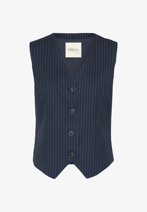 Navy blue vest with a pinstripe pattern, v-neckline, and five black buttons down the front. Made of a smooth, textured fabric.