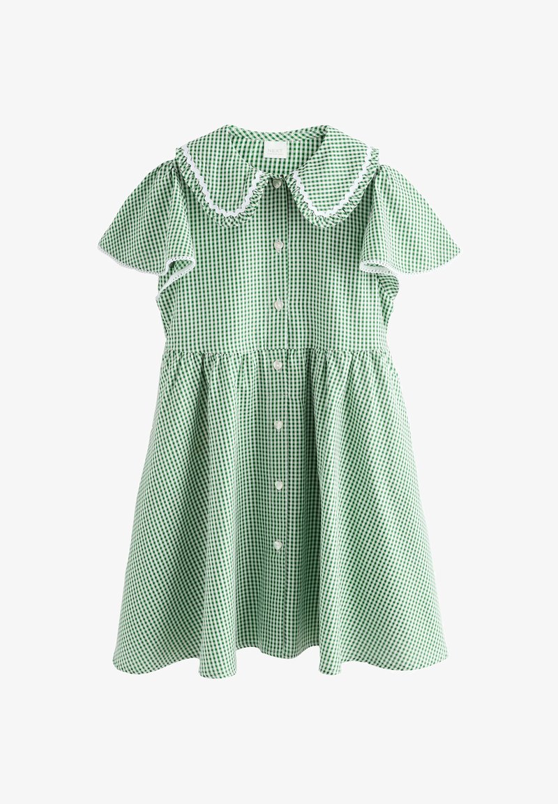 Robe à carreaux verts et blancs à manches courtes, grand col festonné, boutonnée devant et taille froncée.
