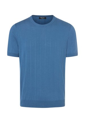 Kurzärmliger Rundhals-Pullover in einfarbig Blau mit vertikal geribbelter Textur und einem engen Saum. Aus weichem Strickstoff gefertigt.