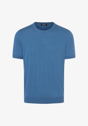 Kurzärmliger Rundhals-Pullover in einfarbig Blau mit vertikal geribbelter Textur und einem engen Saum. Aus weichem Strickstoff gefertigt.