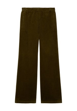 Pantalons en velours côtelé à jambes larges en vert olive, avec une texture ribbed douce, une taille élastique et des poches latérales.