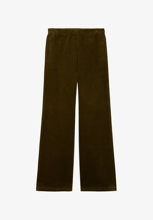 Wide-leg corduroy trousers in olive green, featuring a soft ribbed texture, elastic waistband, and side pockets.