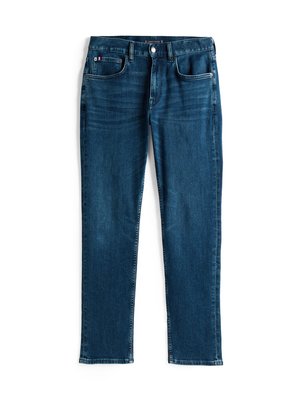 Temno modri jeans, ravnega kroja, s petimi žepi, z diskretnim obrabljenim videzom in kontrastnim šivanjem, kovinsko dugovanje in zadrgo.