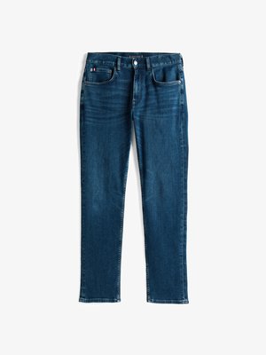 Dunkelblaue Jeans, gerades Bein Design, Five-Pocket-Stil, mit dezenten Used-Effekten und Kontrastnähten, metallischer Knopf und Reißverschluss.