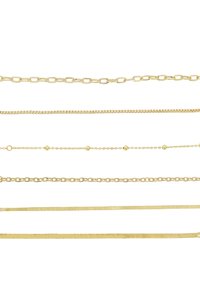 Gold chains of varying designs: elongated links, flat herringbone, and bead accents, all showcasing a smooth finish and uniform color.