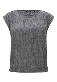Blouse grise texturée pour femme à manches courtes, col rond et motif froissé vertical subtil.