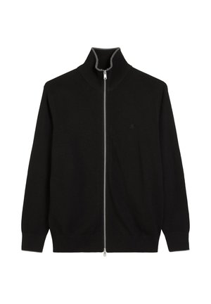 Black long-sleeve zip-up sweater with high collar and grey trim, featuring a small embroidered logo on the left chest.