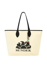 Borsa a tracolla beige in tessuto, con manici neri e un logo a forma di sole. Perline colorate decorative attaccate a un cordoncino nero.