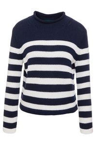 Gestreifte Strickjacke in Marineblau und Weiß mit hohem Kragen und gerippter Textur; verfügt über lange Ärmel und eine lockere Passform.
