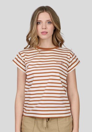 T-shirt à rayures à manches courtes en beige et rouille, avec un col rond et un subtil logo. Tissu doux avec une coupe décontractée.