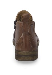 Braune Leder-Stiefelette mit seitlichem Reißverschluss, kontrastierender Naht, runder Zehenpartie und strukturiertem Sohlenbereich. Die Rückseite ist mit einer Griffschlaufe ausgestattet, um das Anziehen zu erleichtern.