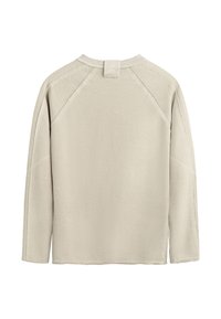 Felpa color beige chiaro con un tessuto morbido e strutturato. Presenta maniche raglan e una piccola etichetta sul retro del collo. Design semplice e minimalista.