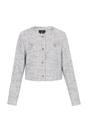 Jasnoszara krótka kurtka z tweedu z długimi rękawami, okrągłym dekoltem, ozdobnymi srebrnymi guzikami i dwoma kieszeniami na piersi.