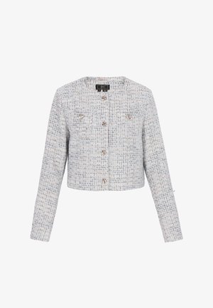 Lysegrå cropped tweedjakke med lange ærmer, rund halsudskæring, dekorative sølvknapper og to brystlommer.