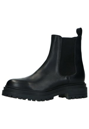 Zwarte leren Chelsea-boot met elastische zijpanelen, ronde neus, stevige rubberen zool en trekhaak aan de achterkant voor gemakkelijke instap.